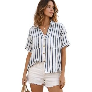 Blue White Striped Tencel Linen Button Down Coastal Cottagecore Medium